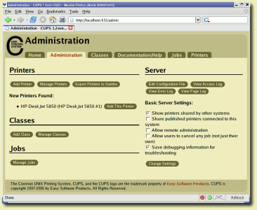 Figure of the CUPS web browser interface, with the contents of the Administration tab displayed.