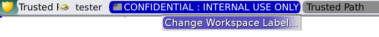 Graphic shows the Change Workspace Label menu below the window label in the trusted stripe.