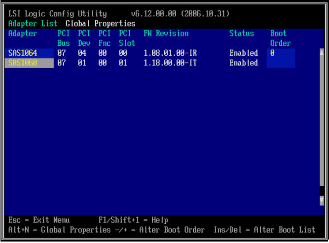 image:Screen shot of the LSI Corp Config Utility Menu