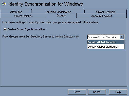 image:Enable Group Synchronization and specify the way the groups will flow from Directory Server to Active Directory.