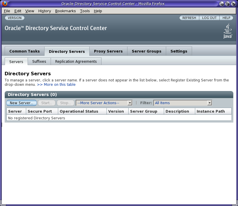 image:Directory Servers tab for Directory Service Control Center
