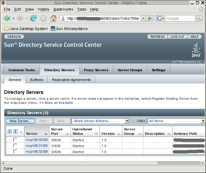 image:Screen capture showing a list of Directory Serverservers.