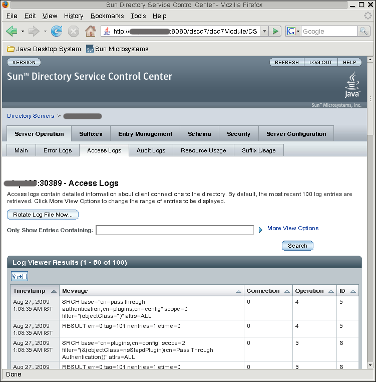 image:Access log viewed through DSCC. The access log entries are listed in a table.