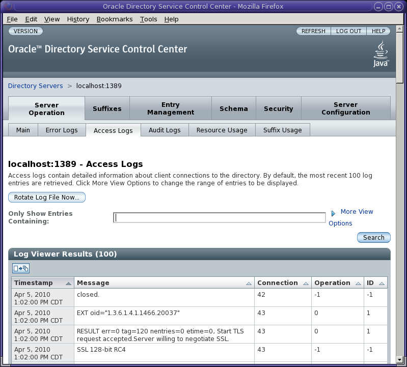 image:DSCC Access Log viewer and the Rotate Log File Now button.