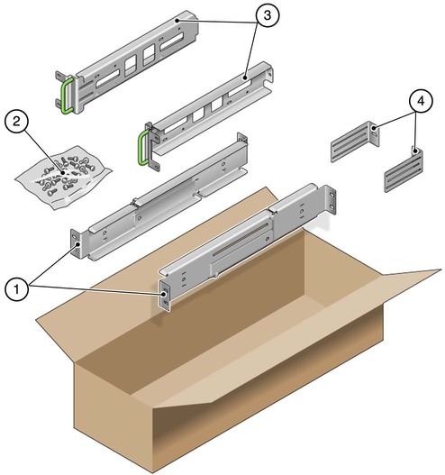 image:Figure showing the contents of the hardmount 600-mm four-post kit.