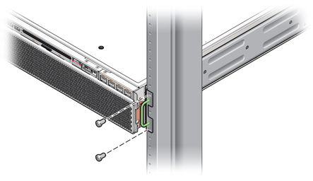 image:Figure showing where to secure the front of the server to the rack.