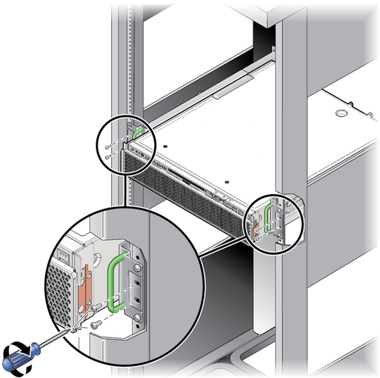 image:Figure showing how to secure the front of the server to the rack.
