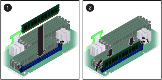 image:Figure showing how to install a DIMM.
