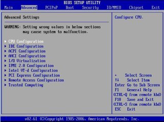 image:Figure showing the BIOS Advanced menu.