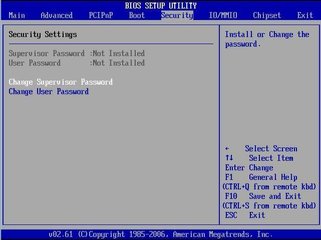 image:Figure showing BIOS Security menu selections.