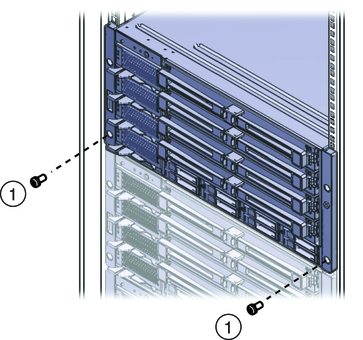 image:Replacing the screws that secure the server to the rack.