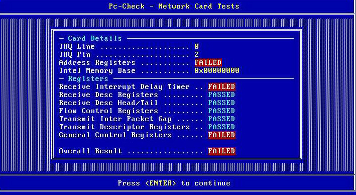 image:Network card tests screen with error messages