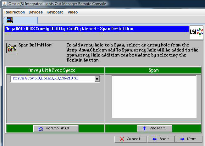 image:Screenshot of the MegaRAID BIOS Config Utility Config Wizard — Click Add to SPAN.