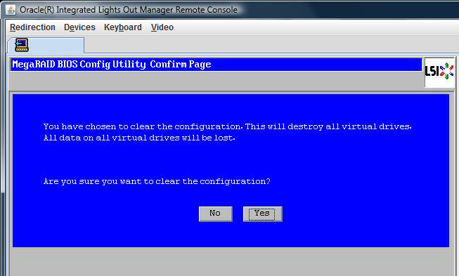 image:Screenshot of the MegaRAID BIOS Config Utility asking to clear configuration.