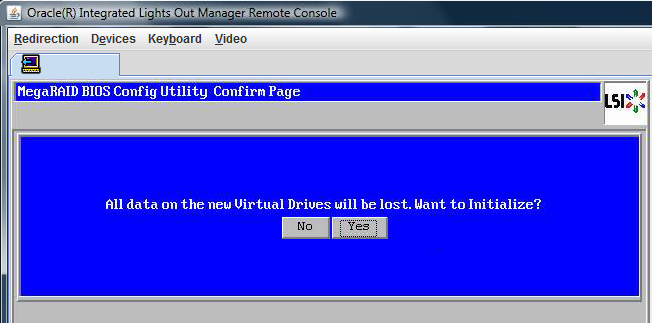 image:Screenshot of the MegaRAID BIOS Confirmation Page asking to initialize drives.