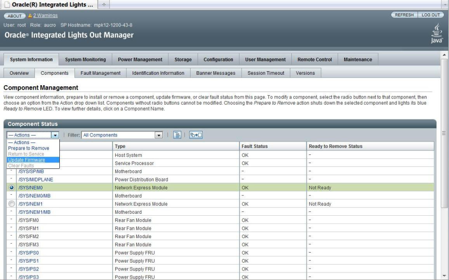 image:Oracle ILOM Component Management screen with Update Firmware selected for NEM0.