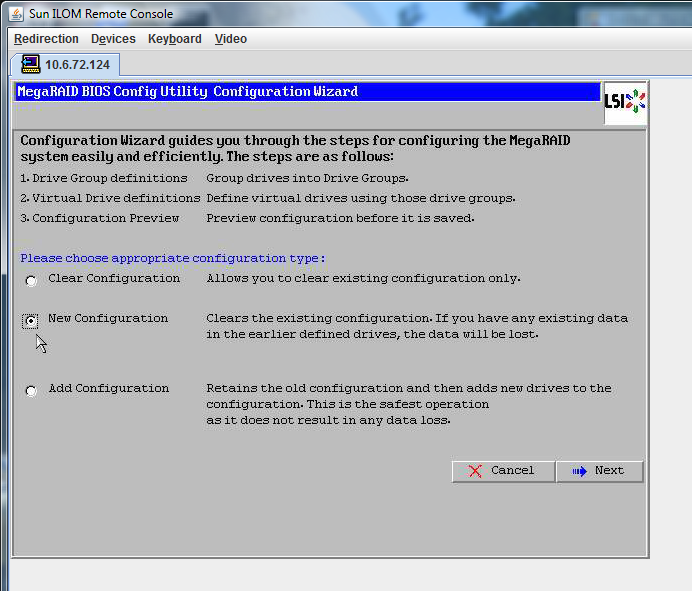 image:Screenshot of the MegaRAID BIOS Config Utility Virtual Configuration Wizard window.