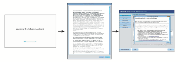 image:A screen capture showing the Oracle System Assistant launch screens.