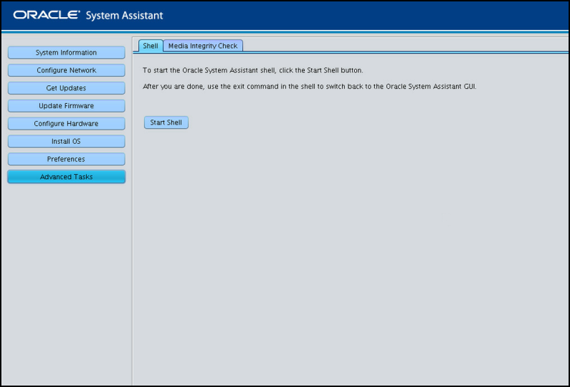image:This figure shows the Media Integrity Check screen in Oracle System Assistant.