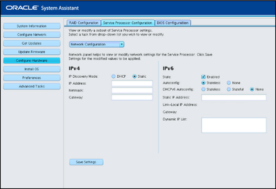 image:A screen capture showing the Service Processor Network Configuration screen.