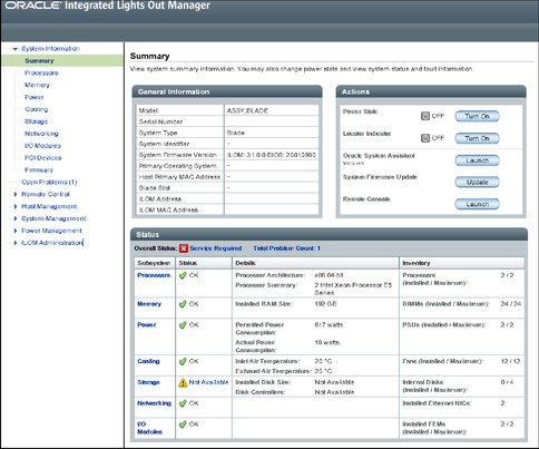 image:A screen capture of the Oracle ILOM CMM main pag