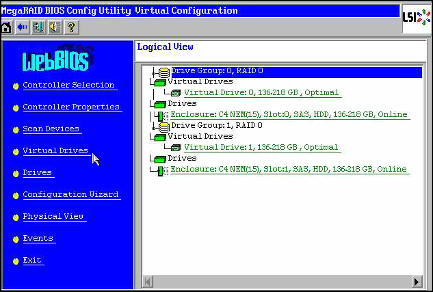 image:A screen capture of the LSI BIOS Config Utility Virtual Configuration window.