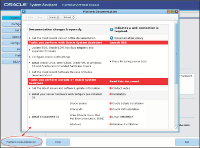 image:A screen capture of the Oracle System Assistant Product Documentation screen.