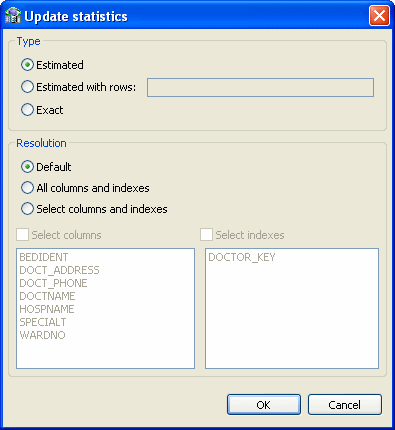 「Update Statistics」ウィンドウ