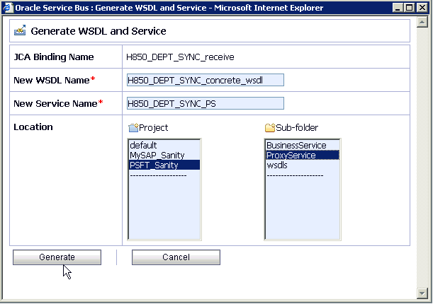 「WSDLとサービスの生成」ページ