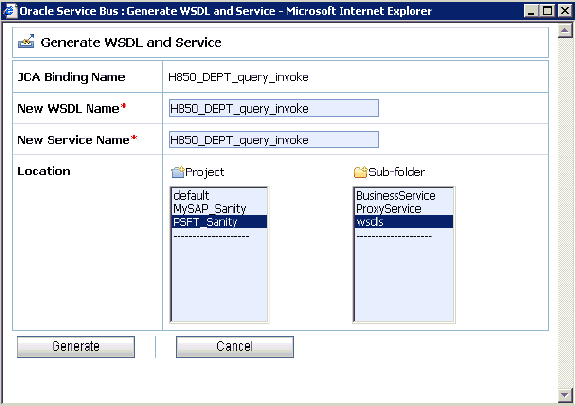 「WSDLとサービスの生成」ページ