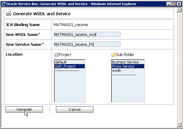 「WSDLとサービスの生成」ページ