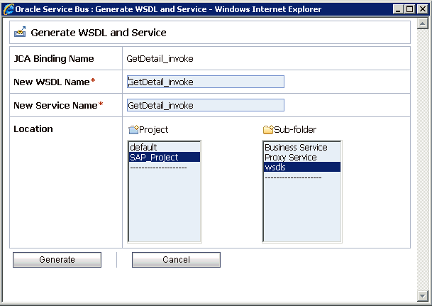 「WSDLとサービスの生成」ページ