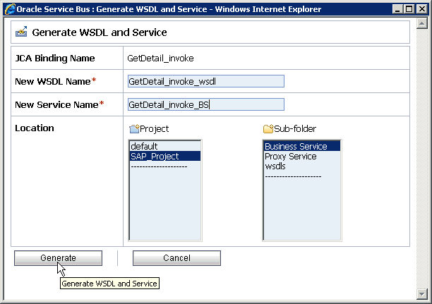 「WSDLとサービスの生成」ページ