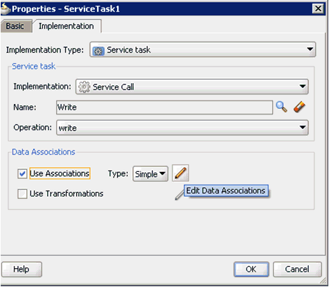 「ServiceTask1」ダイアログ