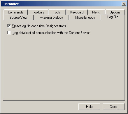 Log File Tab dialog box