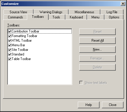 Toolbars Tab dialog