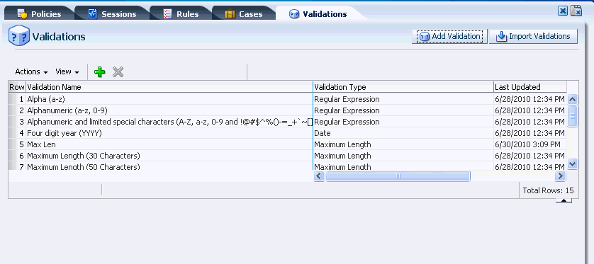This screenshot is of the Validations page.