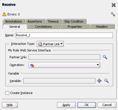 Receive dialog in the SOA Composite Editor