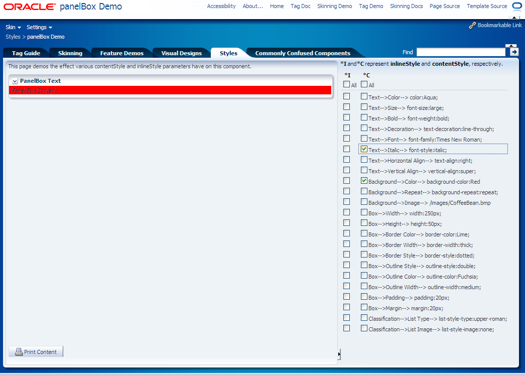 Setting inline and content styles