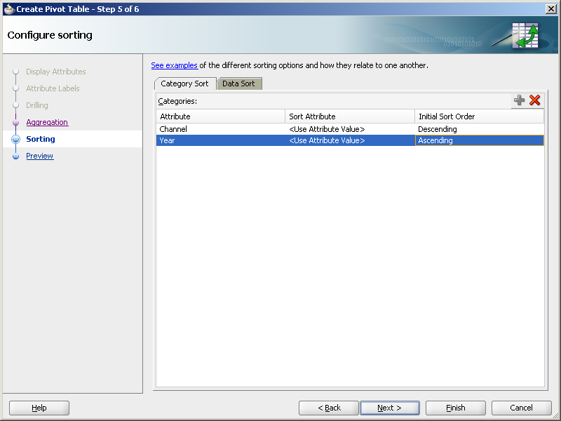 Category sort page of the Create Pivot Table wizard.