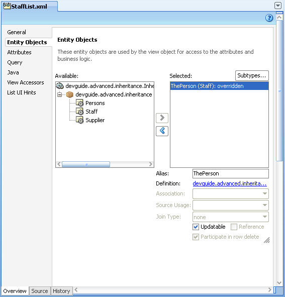 Overridden subtype in view object editor