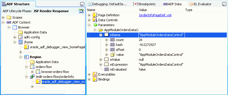 Binding Container Parameters node in ADF Data window.