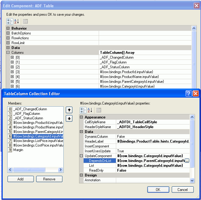 Design Time Dependent List of Values in Table Component