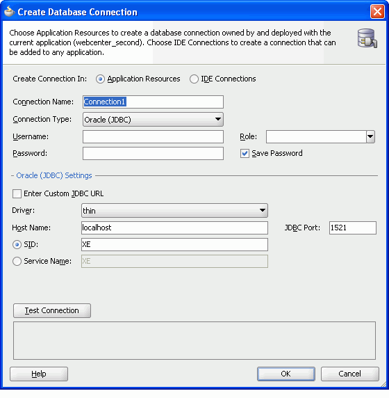 Create Database Connection dialog