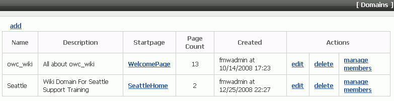 Wiki Server - Administer Domains Page