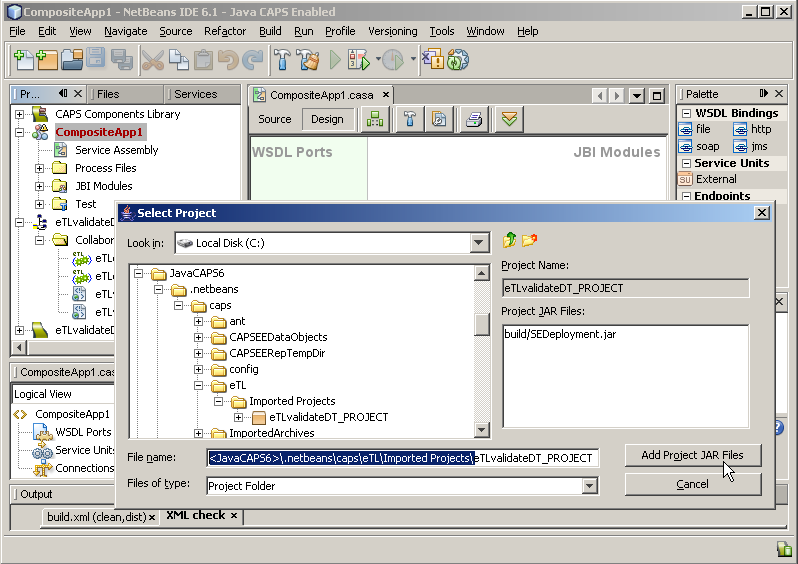 image:Select Project dialog box: Navigating to the location of the eTL project JAR file