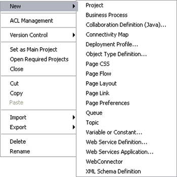 image:Screen capture of a top-level Project context menu.