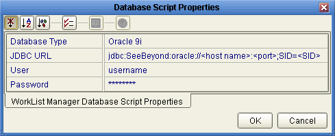 image:Figure shows the Worklist Manager Database Script Properties dialog box.