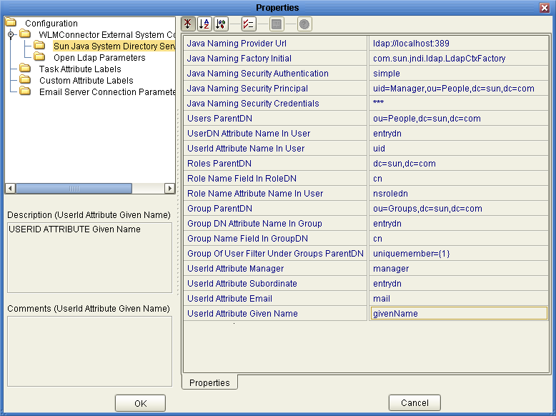 image:Figure shows the Oracle Internet Directory configuration properties on the Worklist Manager External System Properties window.