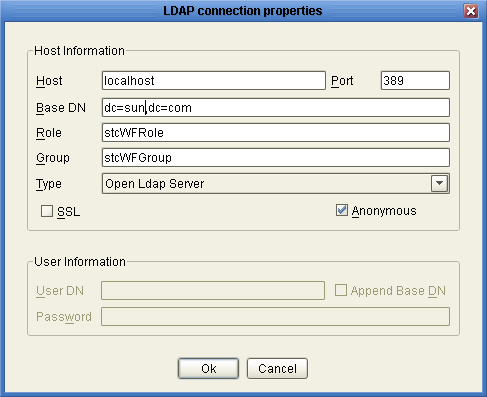 image:Figure shows the LDAP Connection Properties dialog box (accessed from the Worklist Manager window).